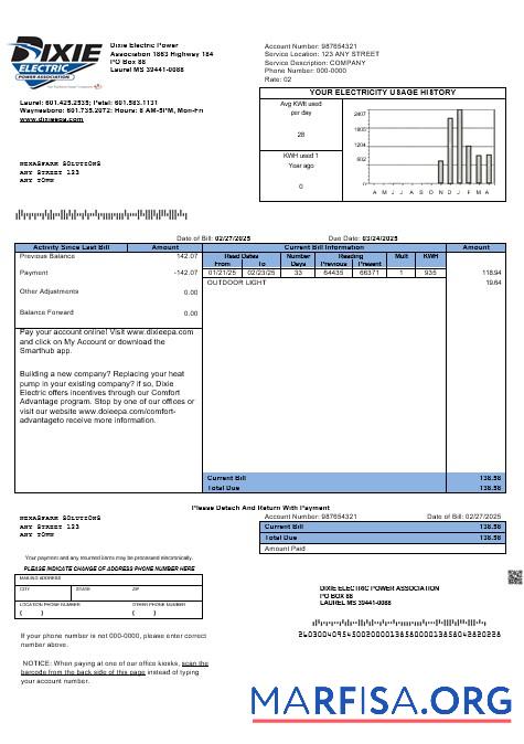 Downloadable USA Mississippi Dixie Electric business utility bill template in Word and PDF formats
